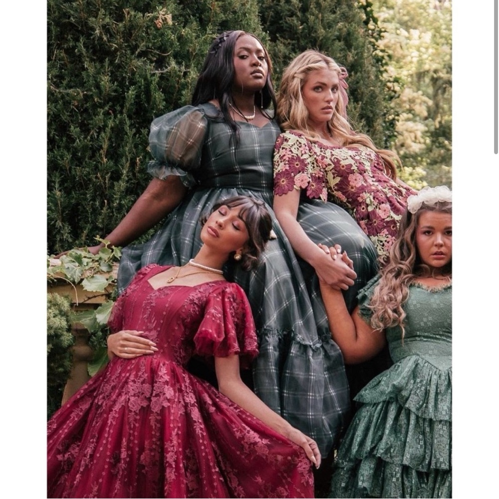 2x JessaKae Cordelia Plaid Puff Sleeve Organza Formal Maxi Dress Sweetheart - Picture 2 of 13